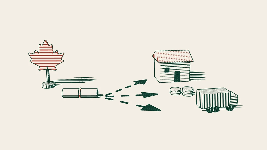 A red maple leaf beside a ribboned scroll, with three dashed arrows leading to a tiled-roof house, stacks of coins and a delivery truck.