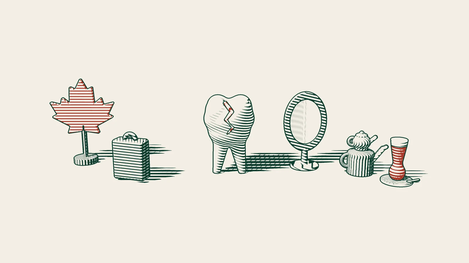 Engraving: a tooth model with a red crack and a mirror, a suitcase and a red Canadian maple leaf on one side, a Turkish tea set on the other.