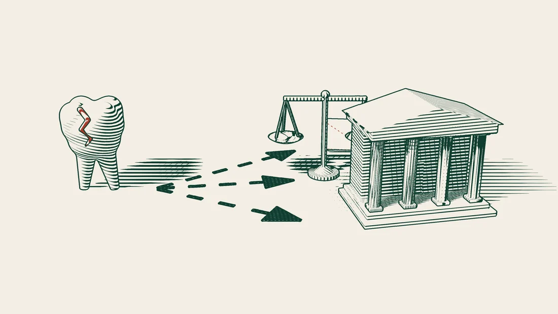 Three arrowed paths lead from a cracked tooth model, one to a red envelope, one to scales and a red-bound book, and one to a columned building.