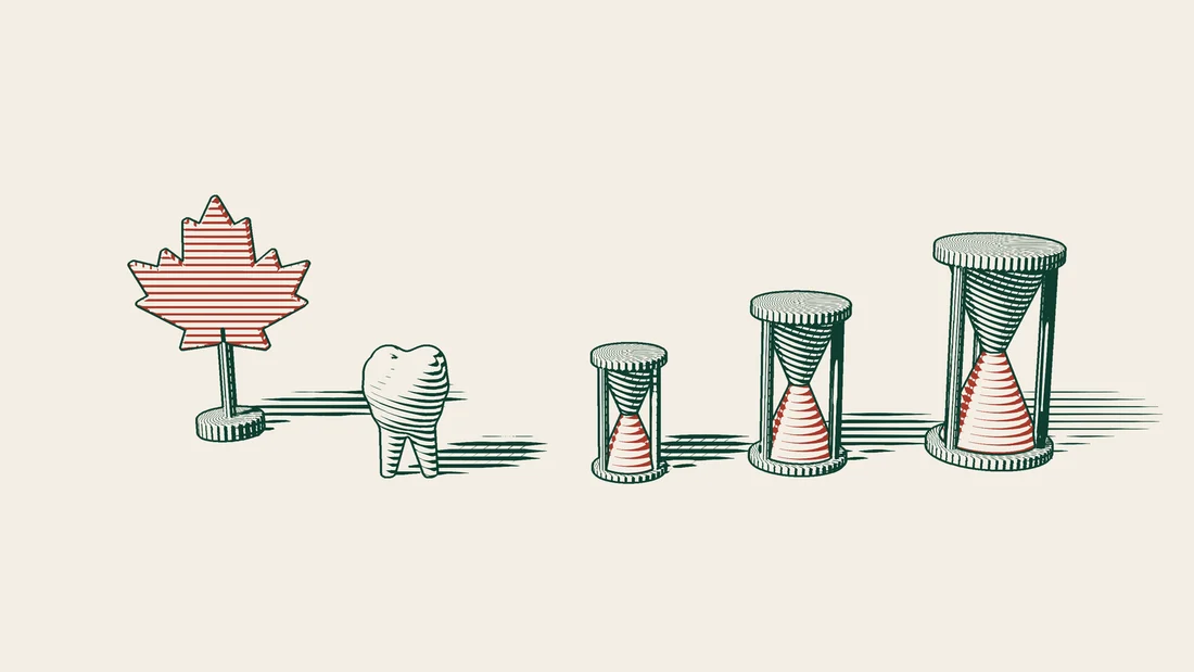 Three hourglasses of different heights beside a dental model, with a red maple leaf in the distance.