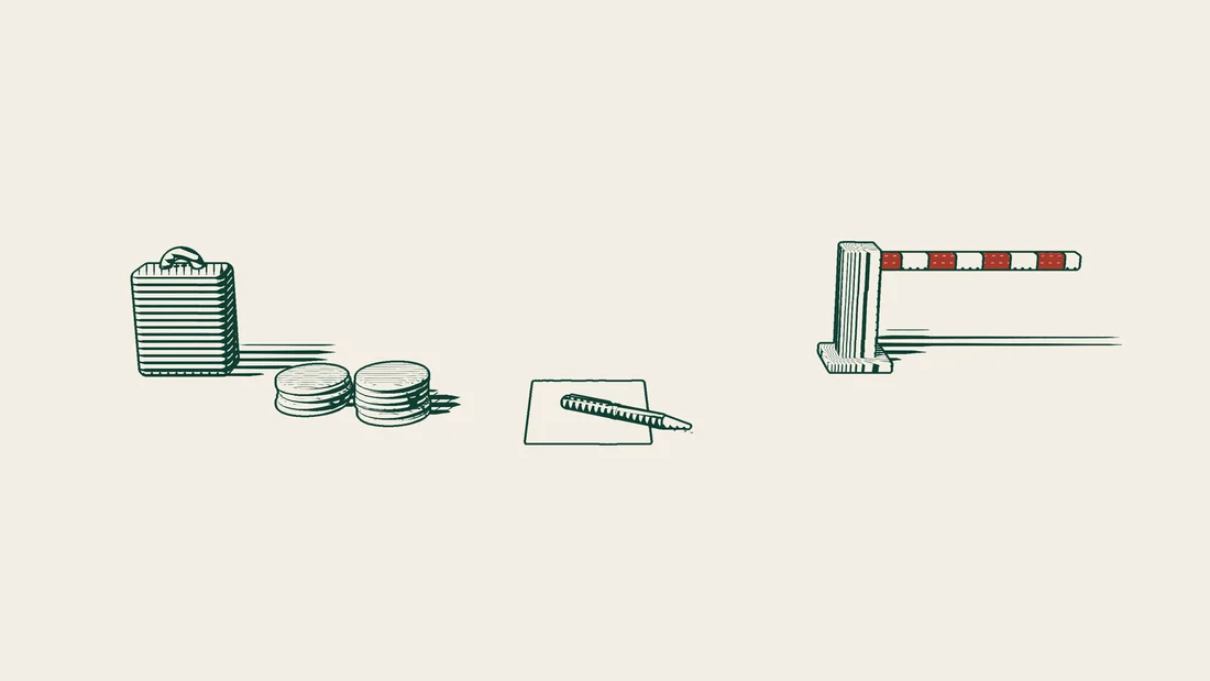 A suitcase and stacks of coins, a blank sheet of paper with a fountain pen, and a lowered barrier arm.