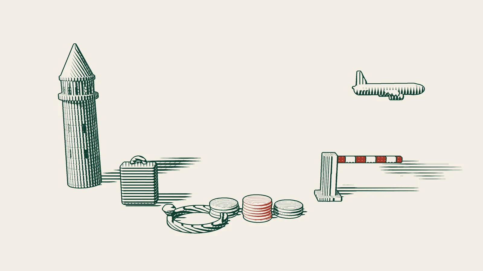 Engraving: an Istanbul stone tower, a suitcase, a ring with a stone and stacks of coins, a lowered barrier arm and an aeroplane taking off.