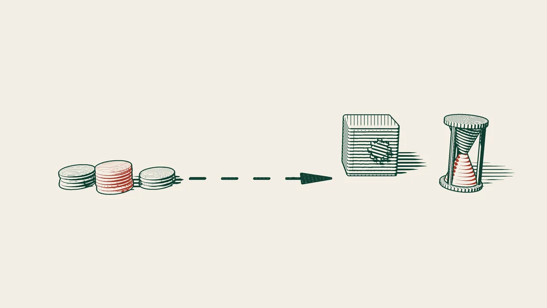 Stacks of coins, some in red, with a dashed path leading to a closed steel safe and an hourglass.