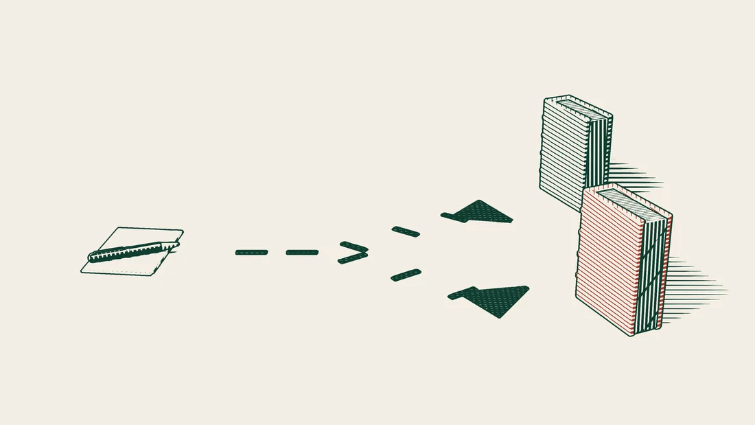 A single path leads from a blank employment contract and splits in two, one branch reaching a green-bound law book, the other a red-bound one.