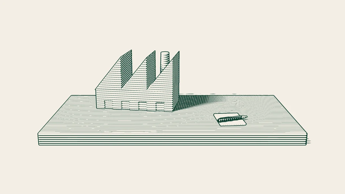 A factory and a blank employment contract standing together on the same broad stone floor.