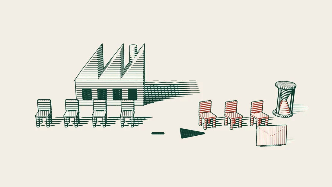 A row of empty chairs in front of a factory, with three red chairs drawn away from the row along an arrowed path, beside an envelope and an hourglass.