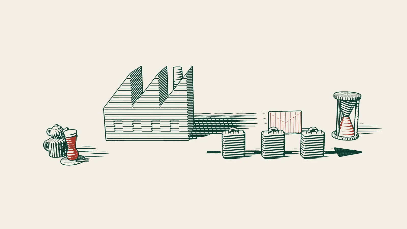 Engraving: a row of suitcases leaves a factory along an arrowed path, with a red envelope and an hourglass beside them.