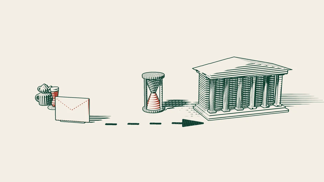 A red envelope travels along an arrowed path to a columned public building, with an hourglass standing beside the path.