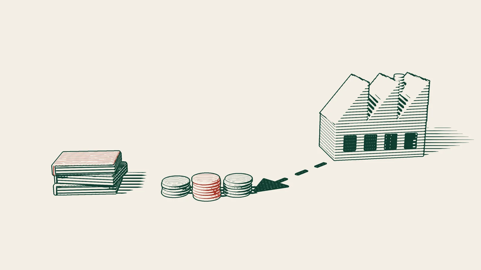 Engraving: a stack of closed ledger books in front, three stacks of coins with the middle one in red, and a dashed arrow leading from a factory towards the coins