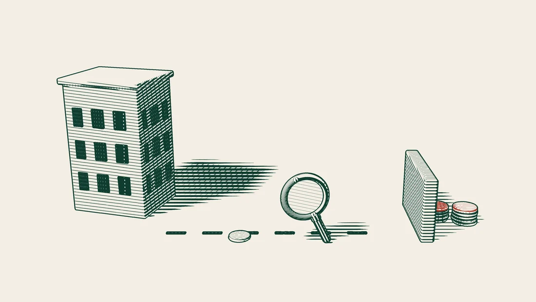 A dashed money trail runs from a company building to a banded stack of banknotes hidden behind a section of wall, followed with a magnifying glass.