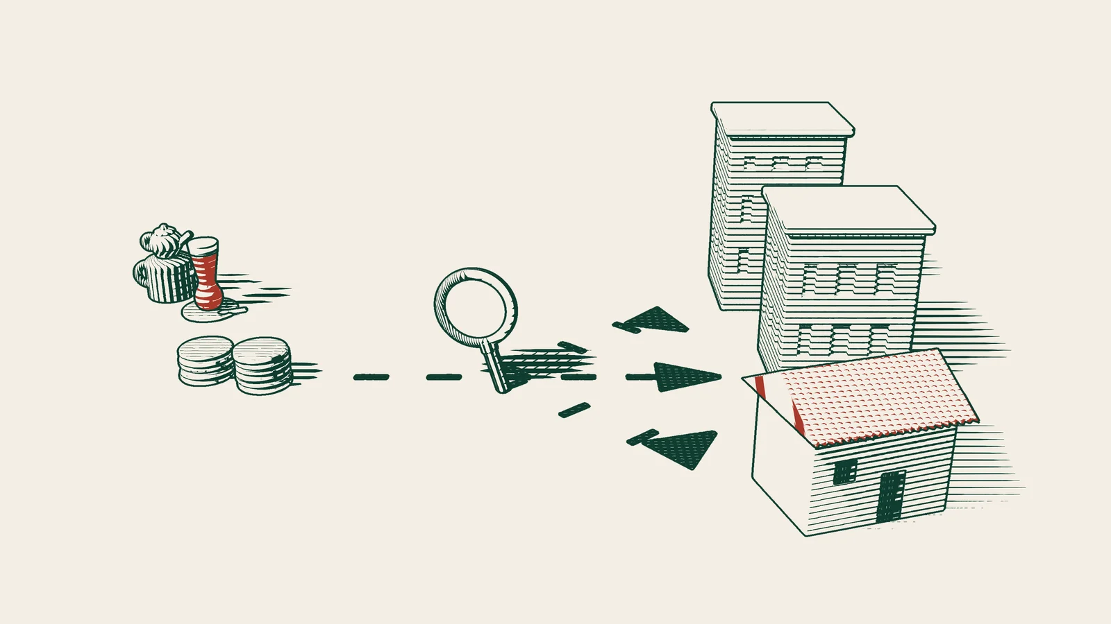 Engraving: stacks of coins carried off along arrowed paths that split towards three buildings, a magnifying glass over the fork, and a Turkish tea set.