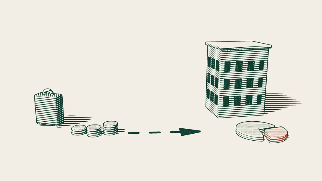 A suitcase and stacks of coins stand at the start of an arrowed path that ends at a company building with a round share disc in front of it.
