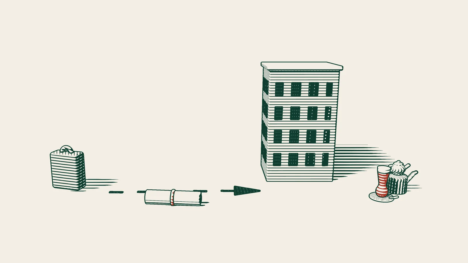 Engraving: an arrowed path runs from a suitcase to a company building, passing a ribboned incorporation document, with a Turkish tea set to one side.