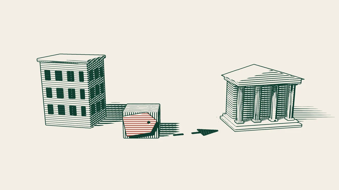 A company office building on the left, a crate with a red tag in front of it, and a dashed arrow leading to a columned building.