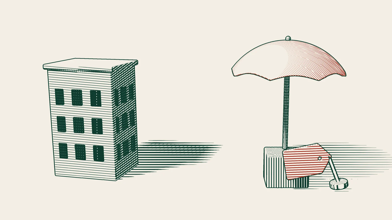 Engraving: a company building stands alone on the left, while on the right a product box with a red brand label sits sheltered under an open umbrella.
