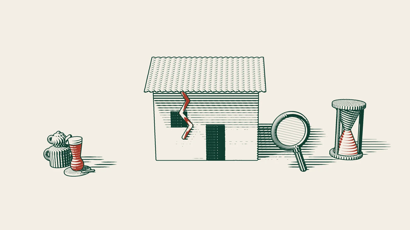 Engraving: a red crack runs down the wall of a tile-roofed house, with a magnifying glass and an hourglass in front and a Turkish tea set beside it.