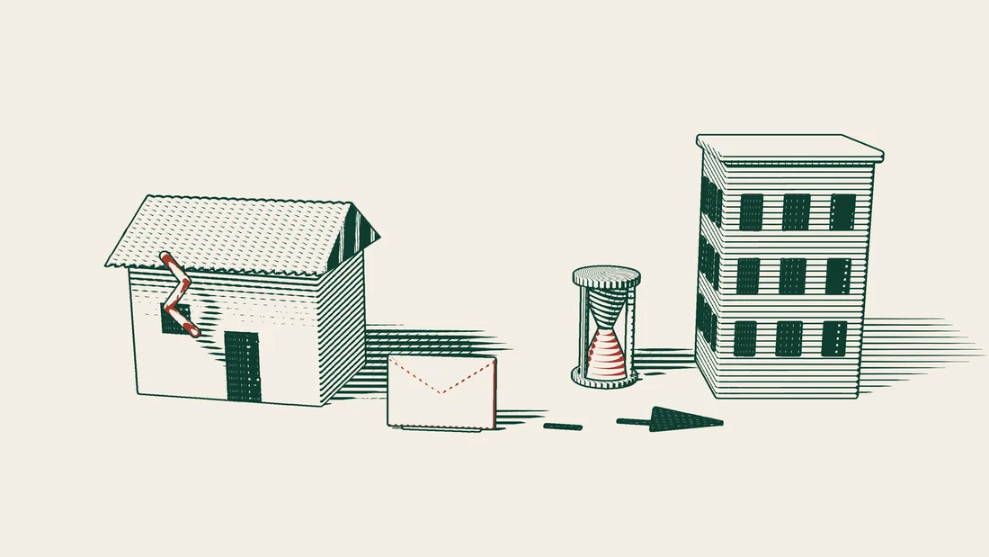 A red envelope travels from a house with a cracked wall towards the contractor, with an hourglass standing beside it.