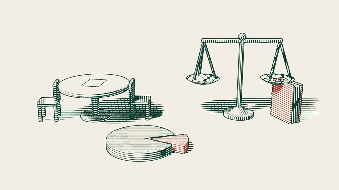 In front of a meeting table, a share disc with unequal slices has its small red slice pulled out, beside scales and a red-bound book.
