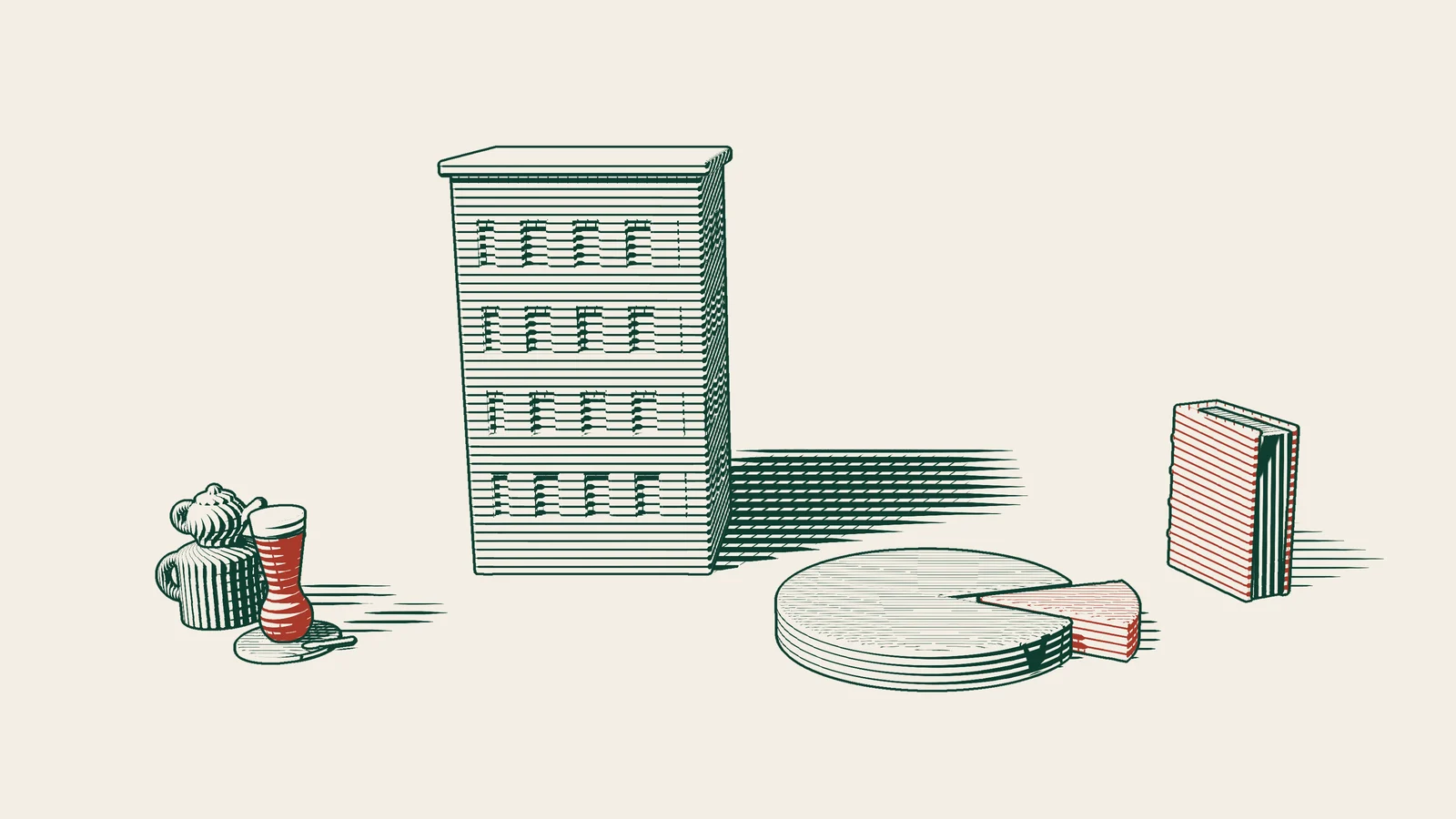 Engraving: a sliced disc in front of a company building with a small red slice pulled out, beside a red-bound court book and a Turkish tea set.