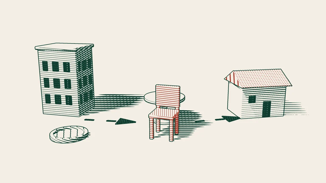 An arrowed path leads from a company building with an empty tray to a meeting table and a red empty chair, and a second path reaches a tile-roofed house.