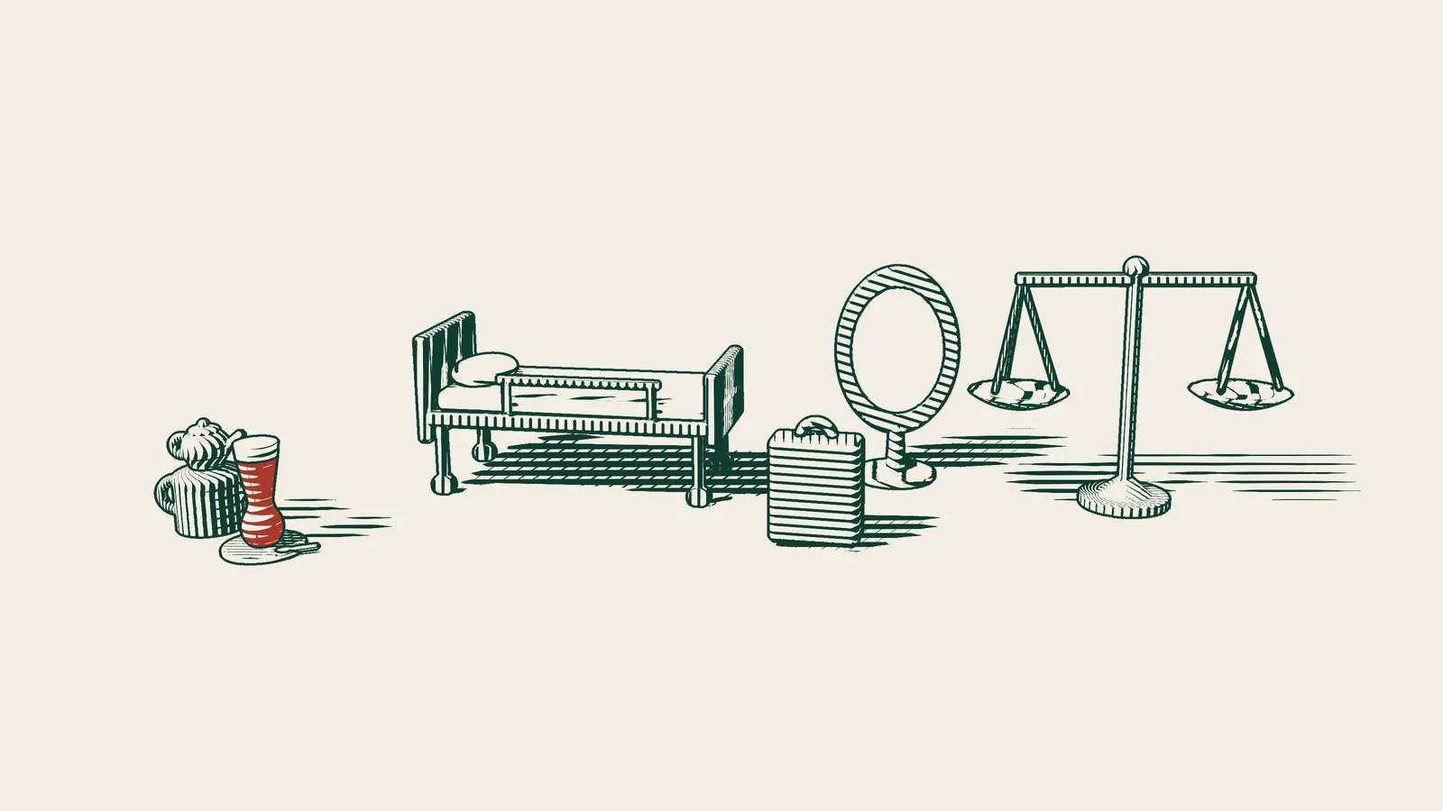 Engraving: a hospital bed, a standing mirror, a suitcase and a pair of scales, with a Turkish tea set beside them.