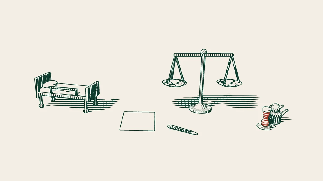 A large blank consent form with an empty signature space beside a hospital bed, a closed pen at the edge and a pair of scales.