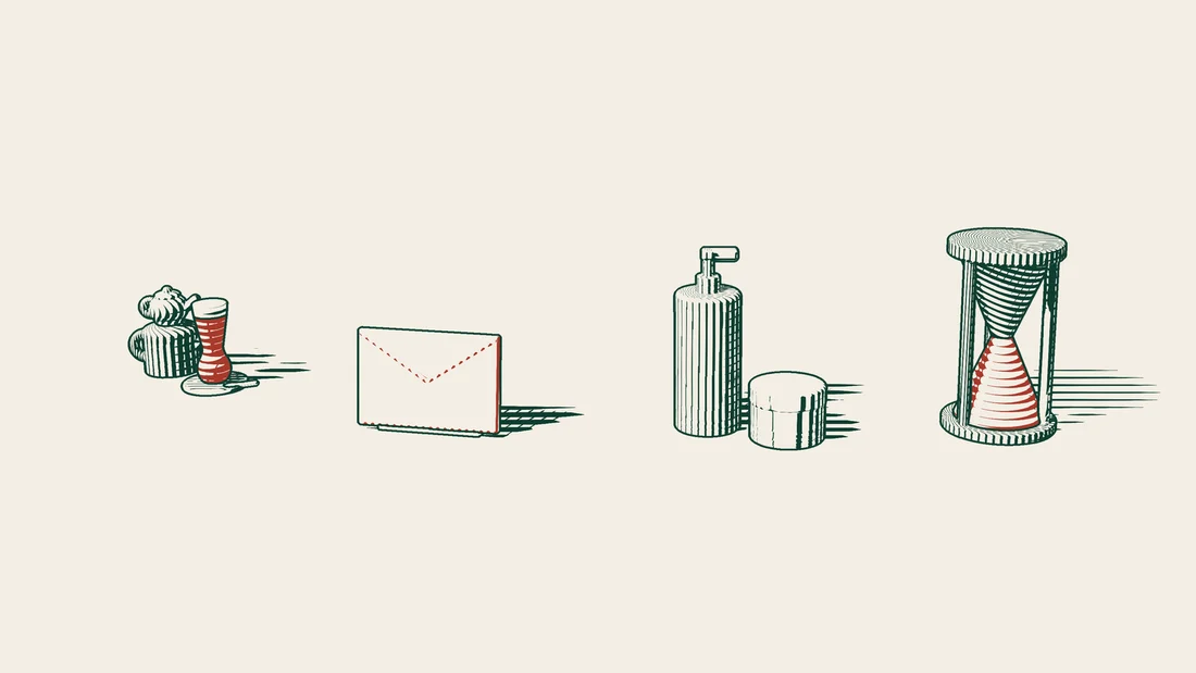 A red envelope, a cosmetics bottle and an hourglass are drawn together in dark green and red lines on cream paper.