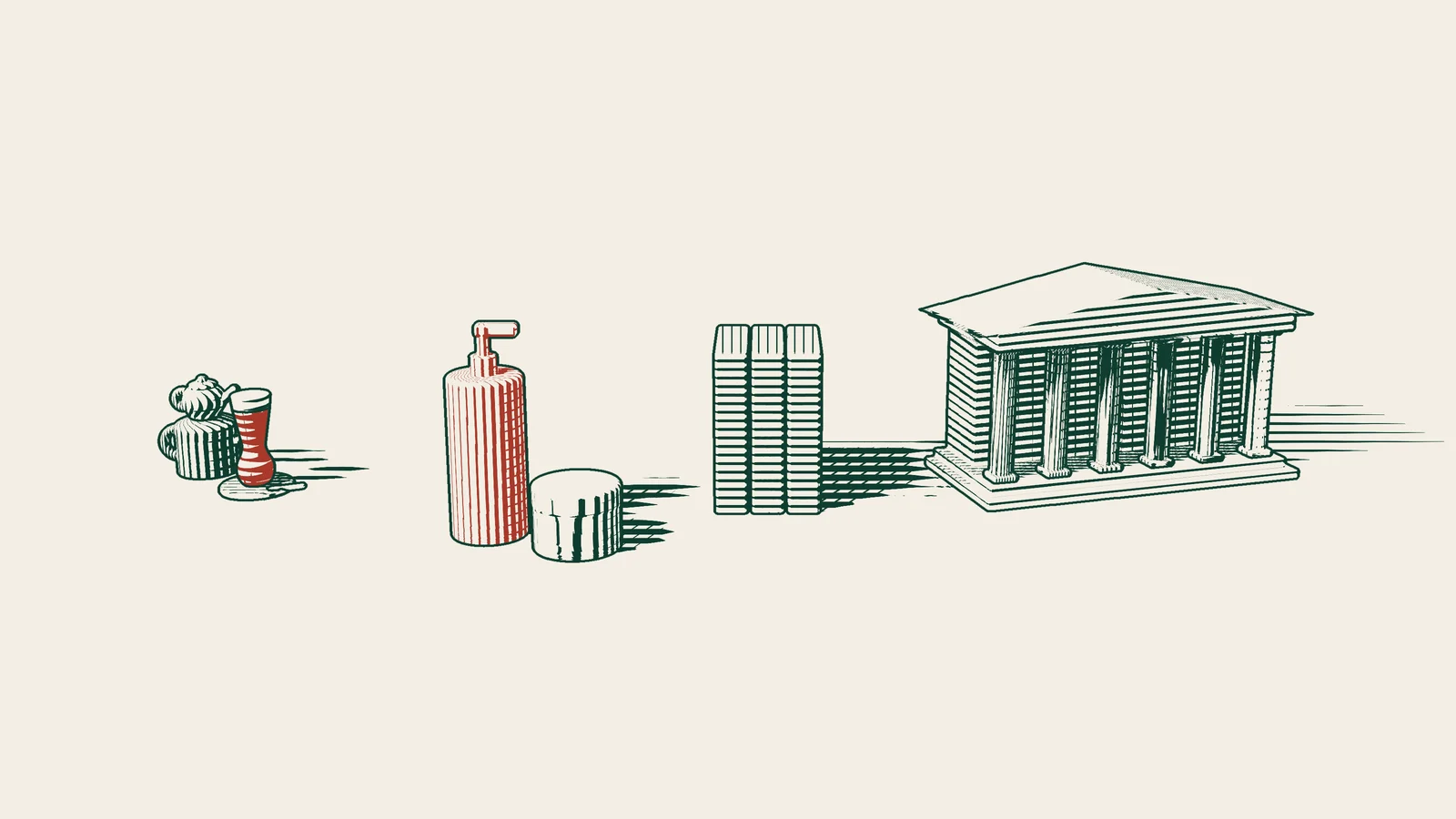Engraving: a cosmetics bottle and a cream jar beside file binders and a columned public building, with a Turkish tea set to one side.