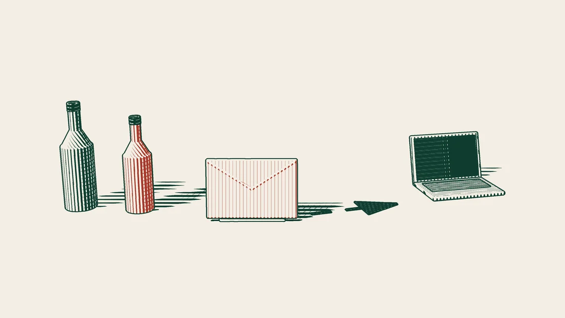 Two similar bottles stand on the left, one of them red, and an arrowed path leads from a red envelope to a laptop with a dark screen.