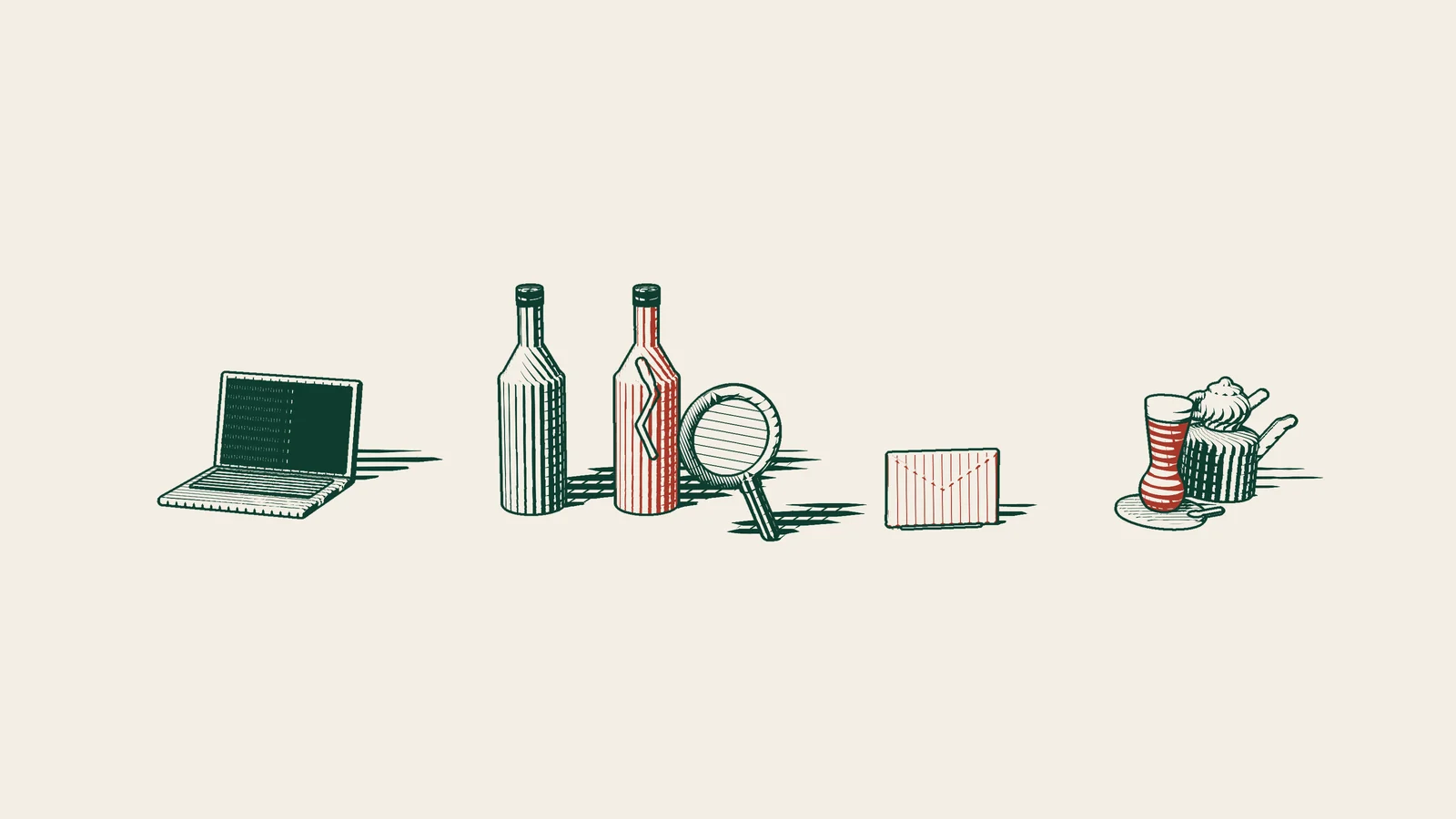 Engraving: two similar bottles beside a laptop with a dark screen, the red cracked one under a magnifying glass, with an envelope and a Turkish tea set.