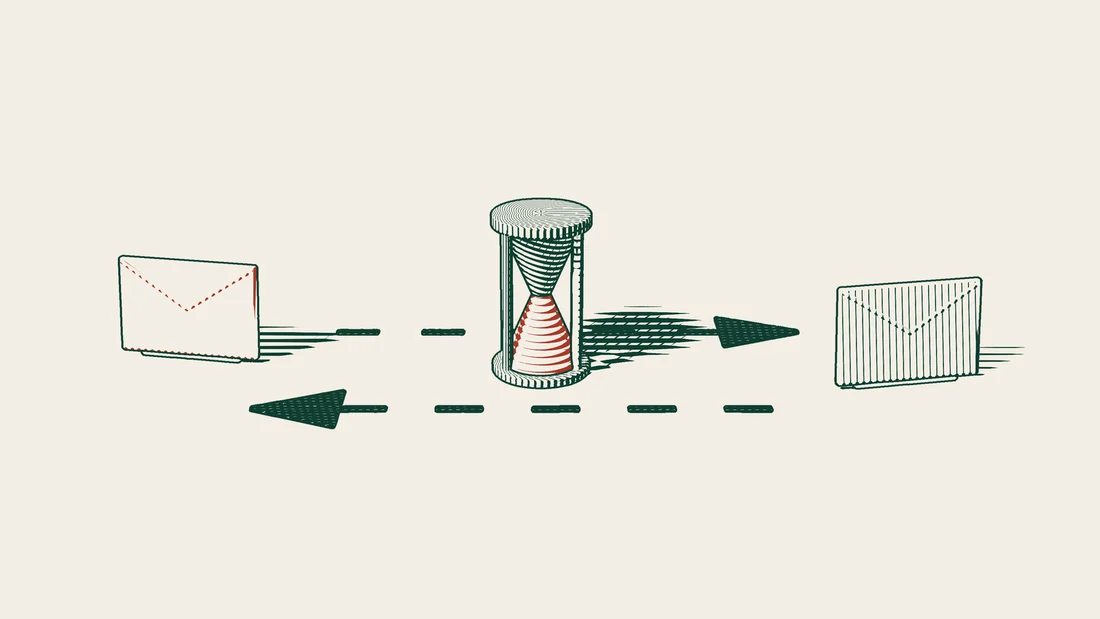 Two envelopes exchanged along opposing arrows, with an hourglass standing between them, drawn in green ink on cream paper.