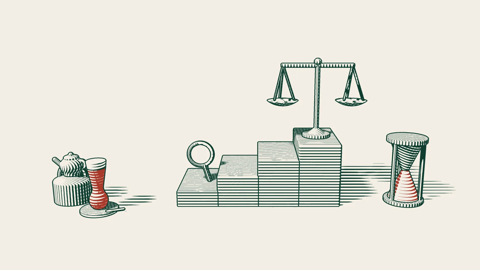 Engraving in green ink: a magnifying glass on the lowest of four steps and a pair of scales on the top step, with an hourglass and a Turkish tea set beside them.