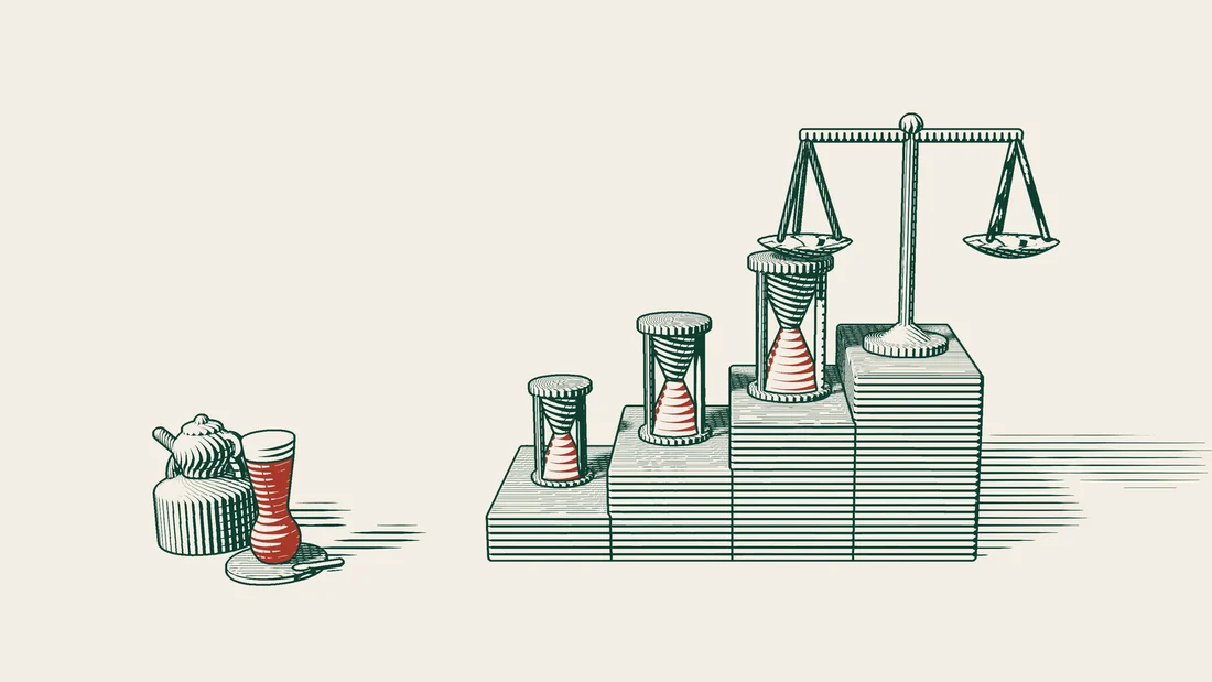 Three hourglasses of growing size stand on three steps, with a pair of scales on the top step and a Turkish tea set to the side.