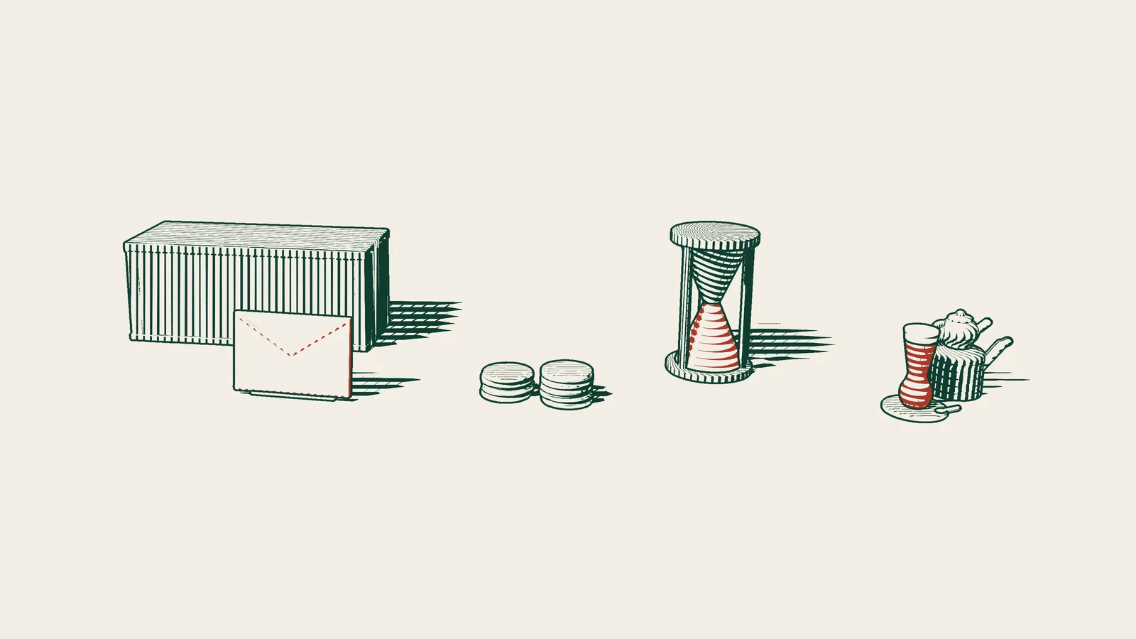 Engraving: a red envelope, stacks of coins and an hourglass in front of a shipping container, with a Turkish tea set beside them.