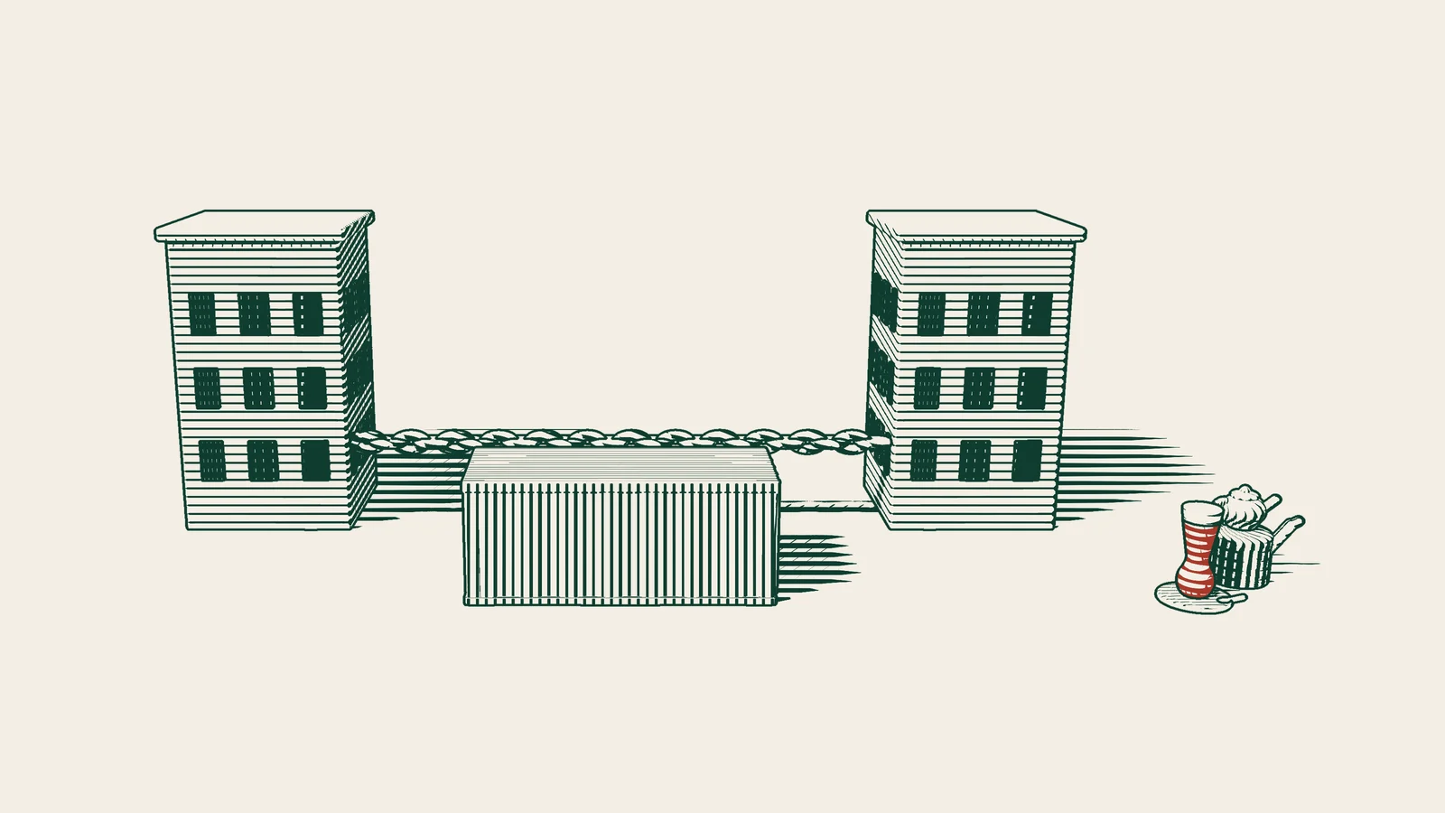 Engraving: two separate office buildings on either side of a shipping container, joined to each other by a chain, with a Turkish tea set nearby.