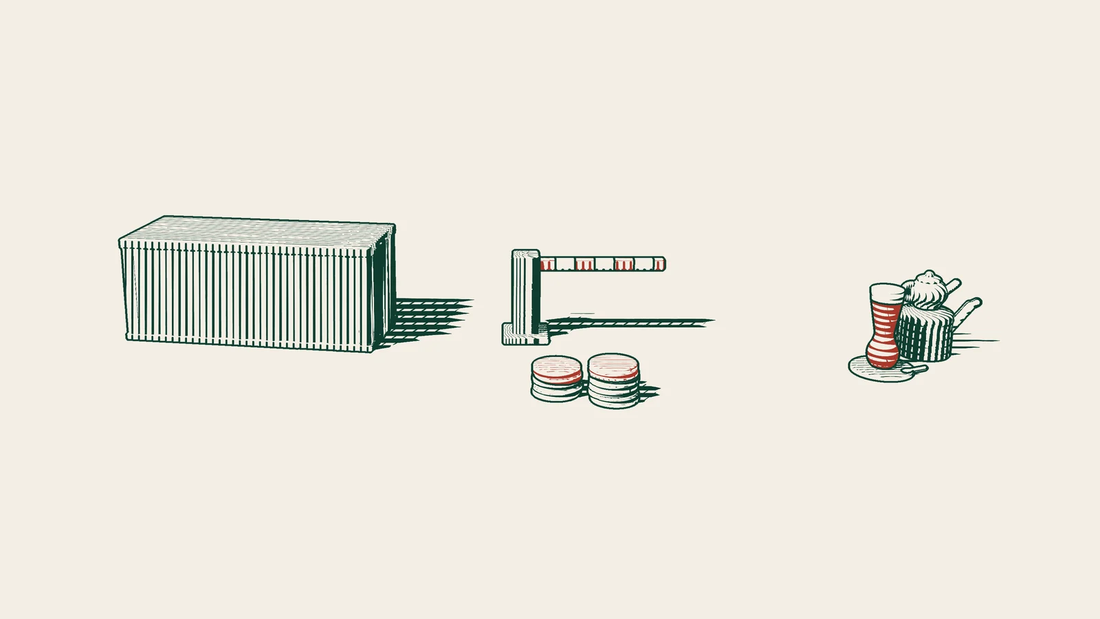 Engraving: a shipping container in front of a barrier gate, with stacks of coins topped in red and a Turkish tea set beside it.