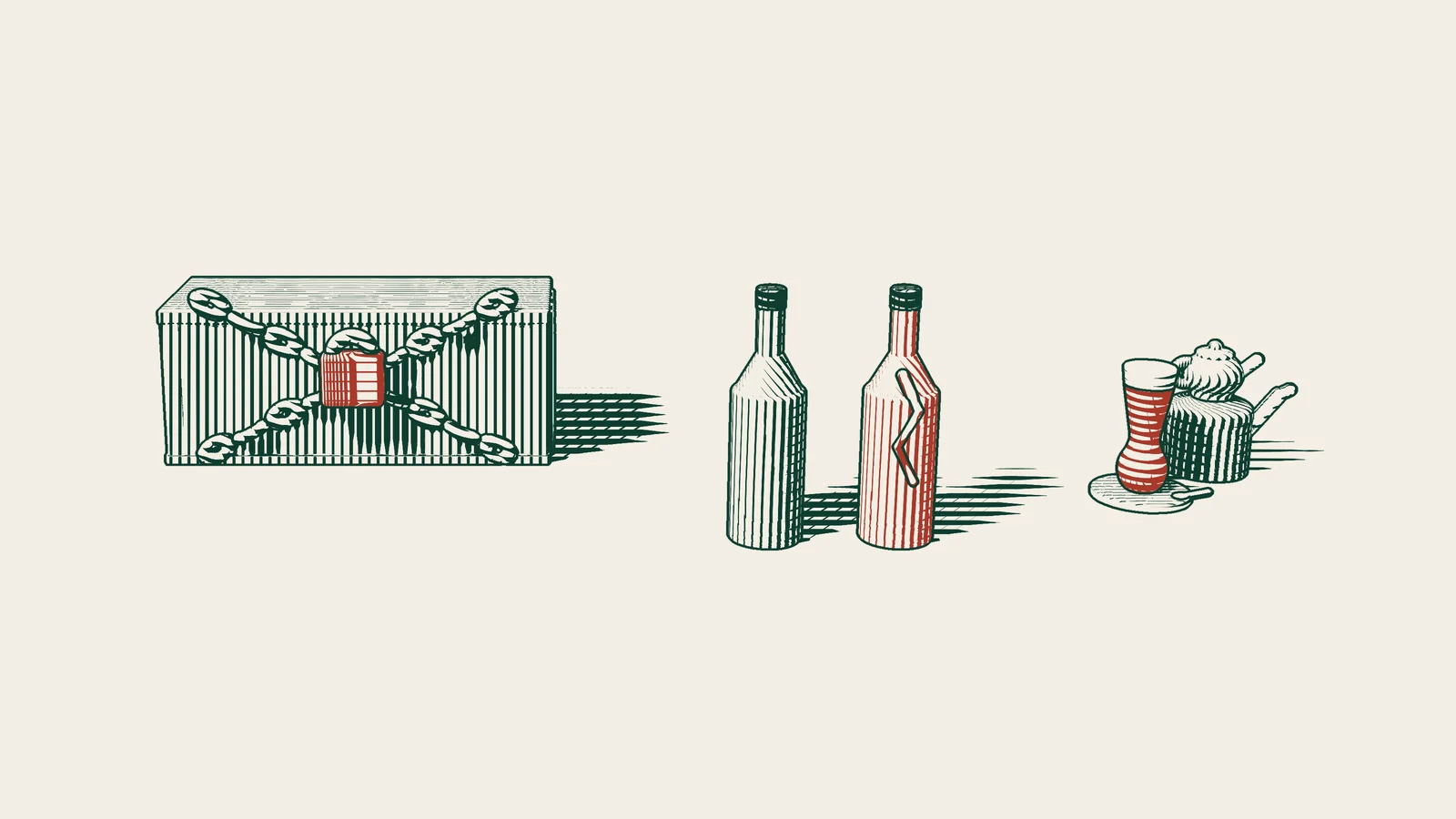 Engraving: two similar bottles, one red and cracked, before a container sealed with crossed chains and a red padlock, beside a Turkish tea set.