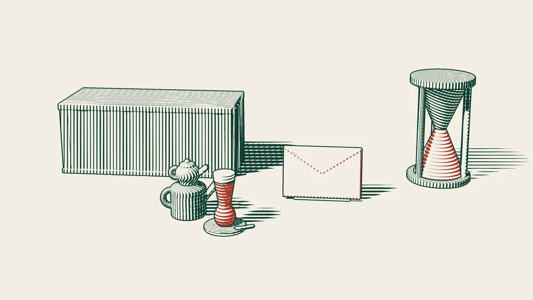 An hourglass and a red envelope beside a shipping container, drawn in green and red lines on cream paper.