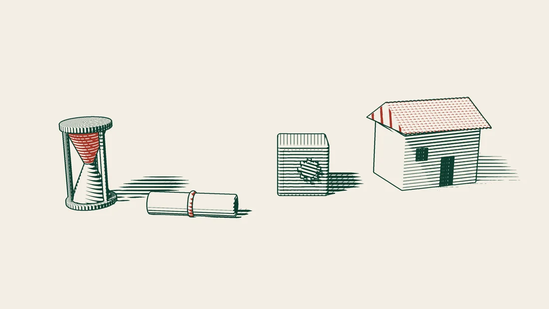An hourglass, a scroll tied with red ribbon, a closed steel safe and a tiled-roof house.