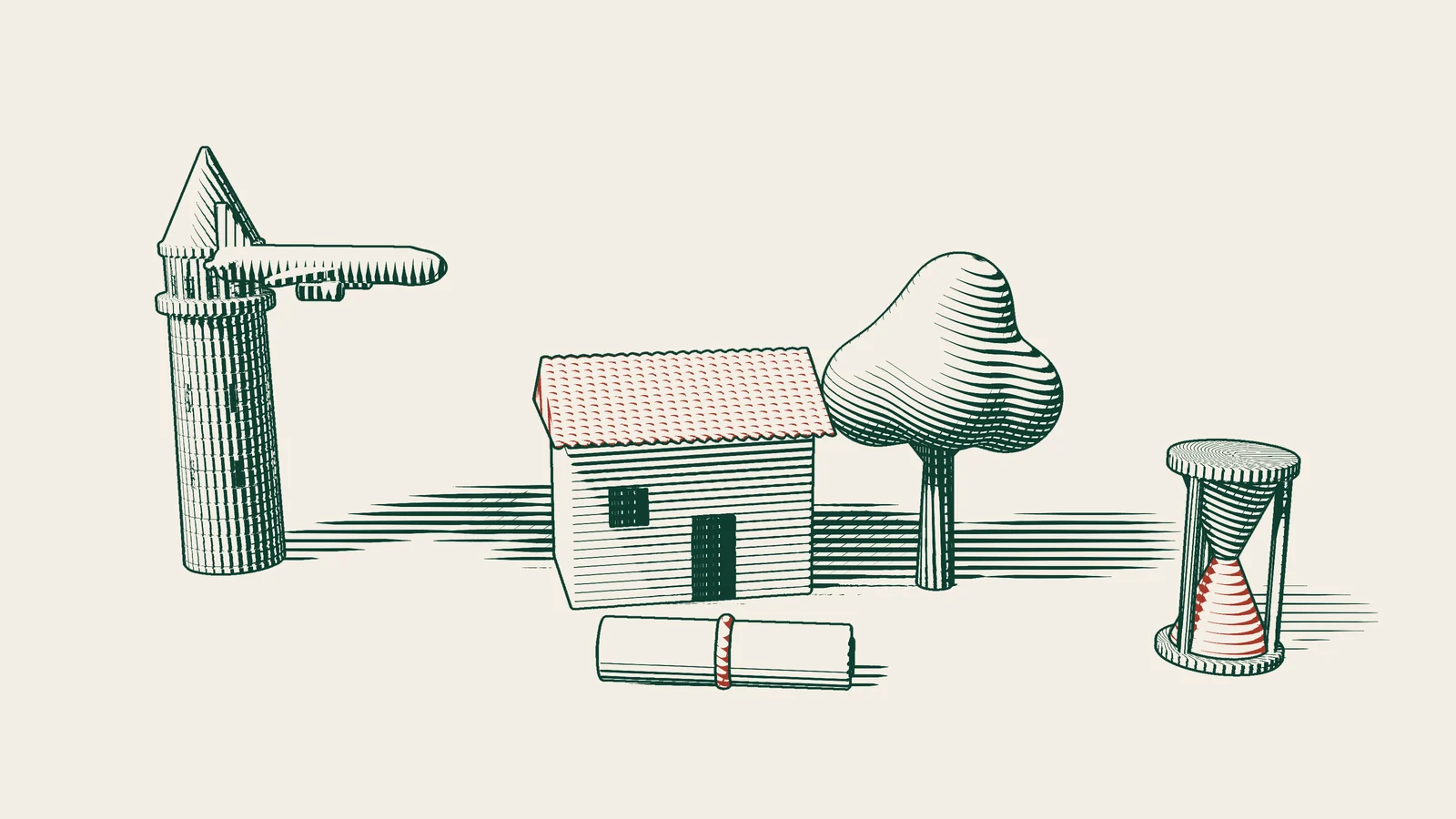 Engraving: an aeroplane and an Istanbul stone tower, a tiled-roof house and a tree, a scroll tied with red ribbon and an hourglass.