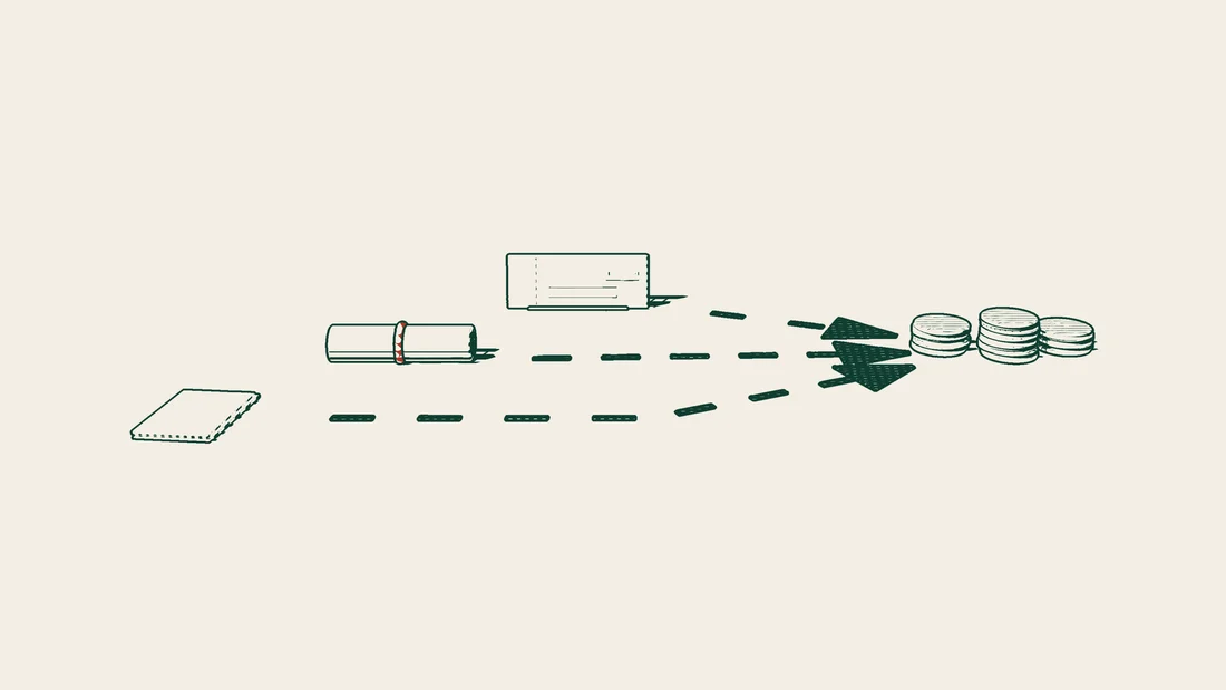 A blank upright cheque, a ribboned scroll and a stack of blank invoices each follow an arrowed path of different length to towers of coins on the right.