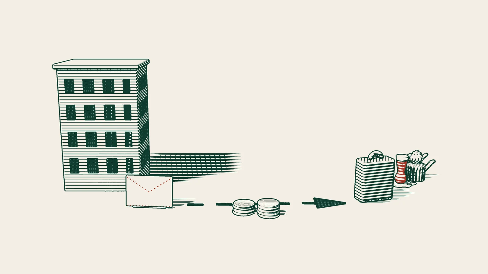 Engraving: stacks of money travel on one arrowed path from a Turkish debtor's building to a foreign creditor's suitcase, with a red envelope and a Turkish tea set.
