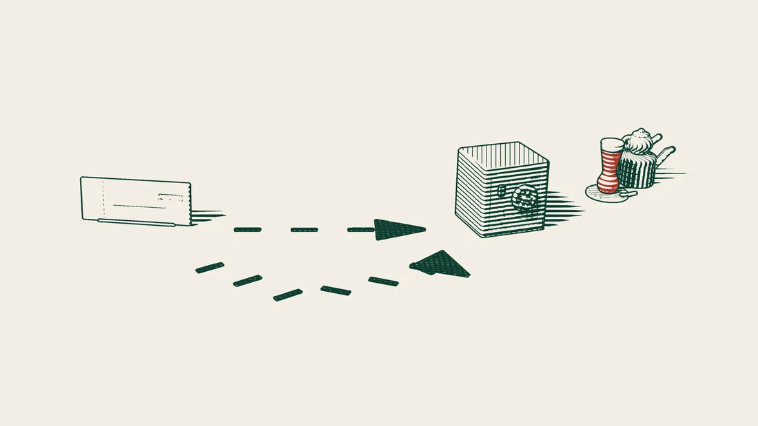 A short arrowed path runs from an upright blank cheque to a safe, beside a second, long and winding path.