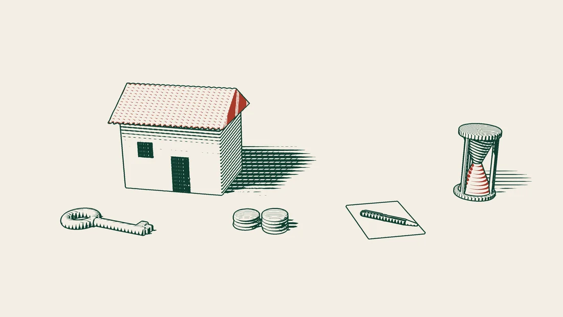 A house, two brass keys and stacks of money beside a blank lined list and a small hourglass.