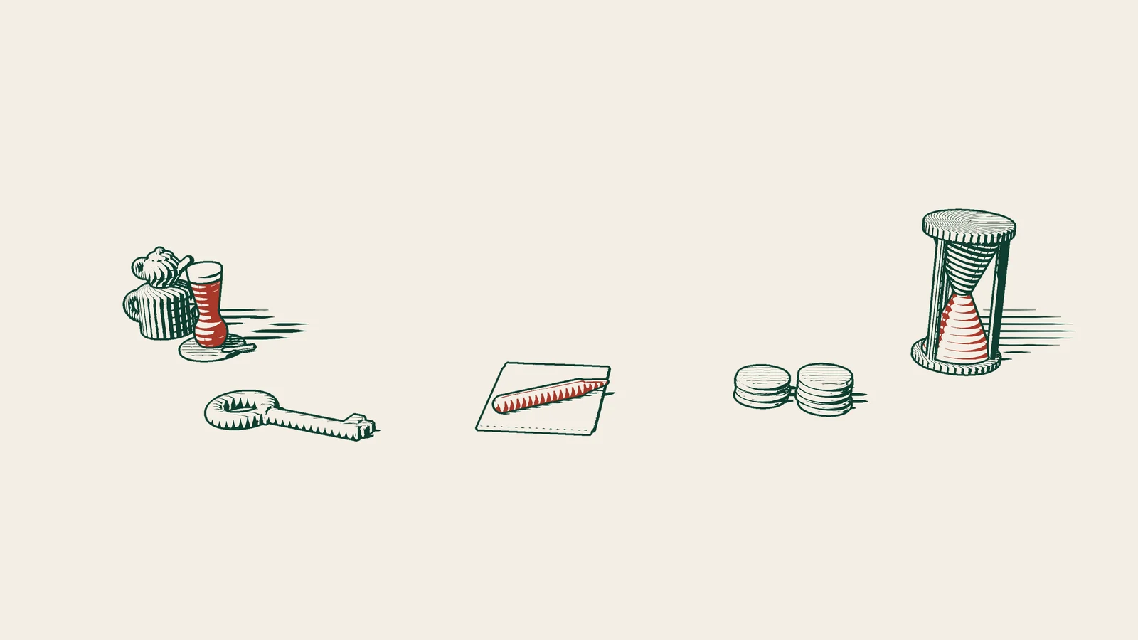 Engraving: a blank declaration form and a fountain pen beside a brass key, stacks of coins, an hourglass and a Turkish tea set.