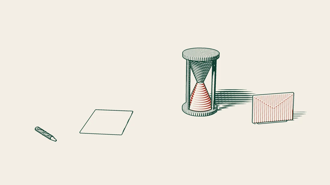 An unfilled blank declaration form, an hourglass whose sand has fully run out and a red envelope.