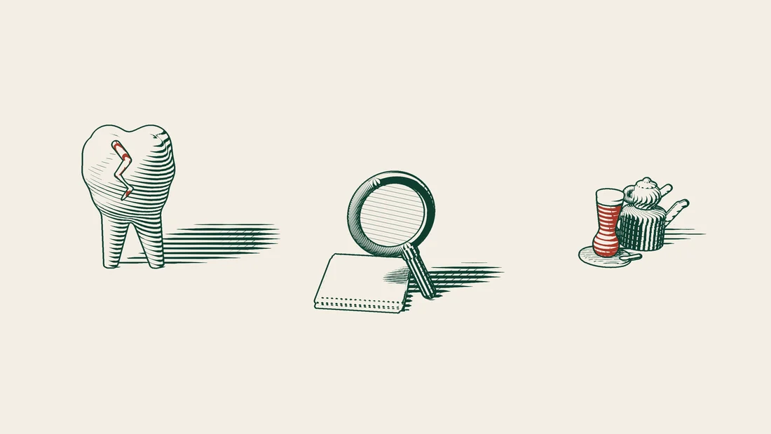 A cracked tooth model beside blank record sheets and a magnifying glass, drawn in green lines on cream paper.