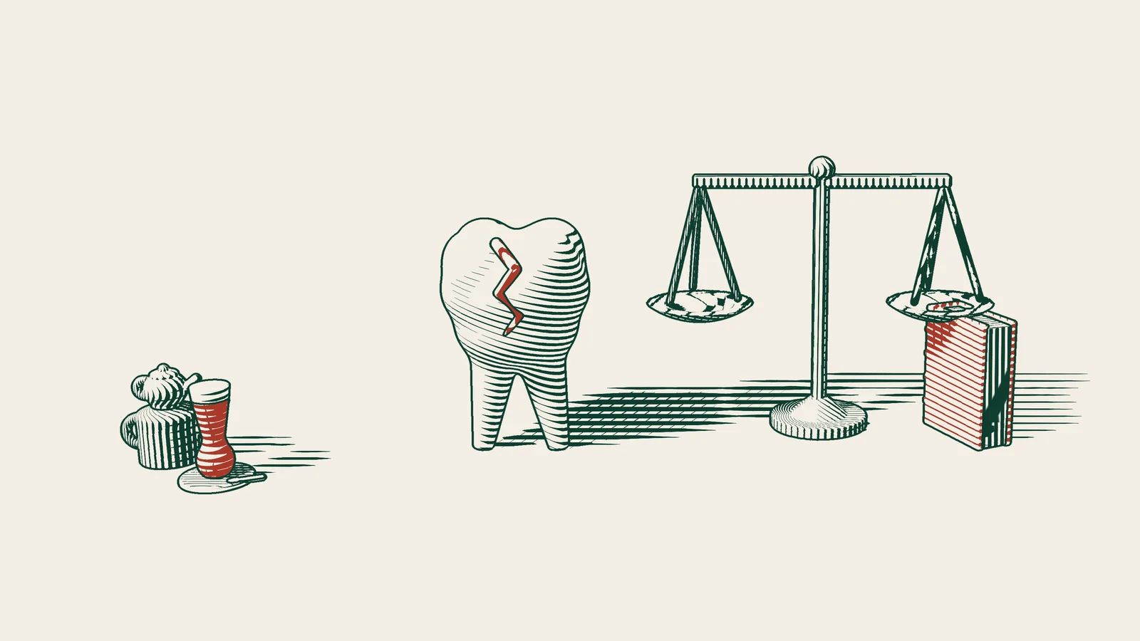 Engraving: a large tooth model with red cracks, a pair of scales and a red-bound book, with a Turkish tea set beside them.
