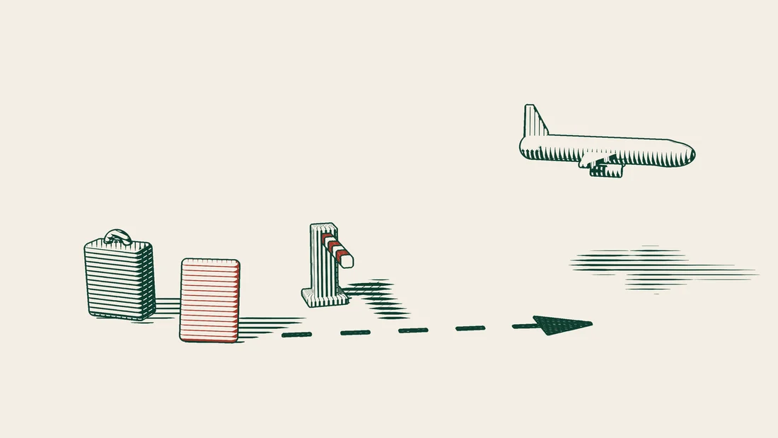 A suitcase and a closed red passport beside a lowered barrier, with a one-way path leading to an aeroplane taking off.