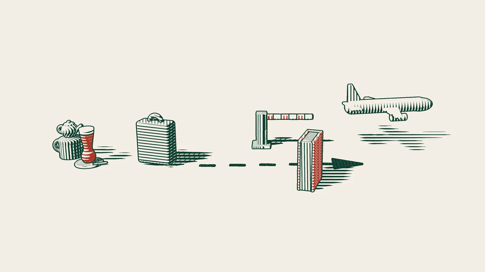 Engraving: an arrowed path leading from a suitcase to an aeroplane past a closed barrier, with a red-bound book and a Turkish tea set.